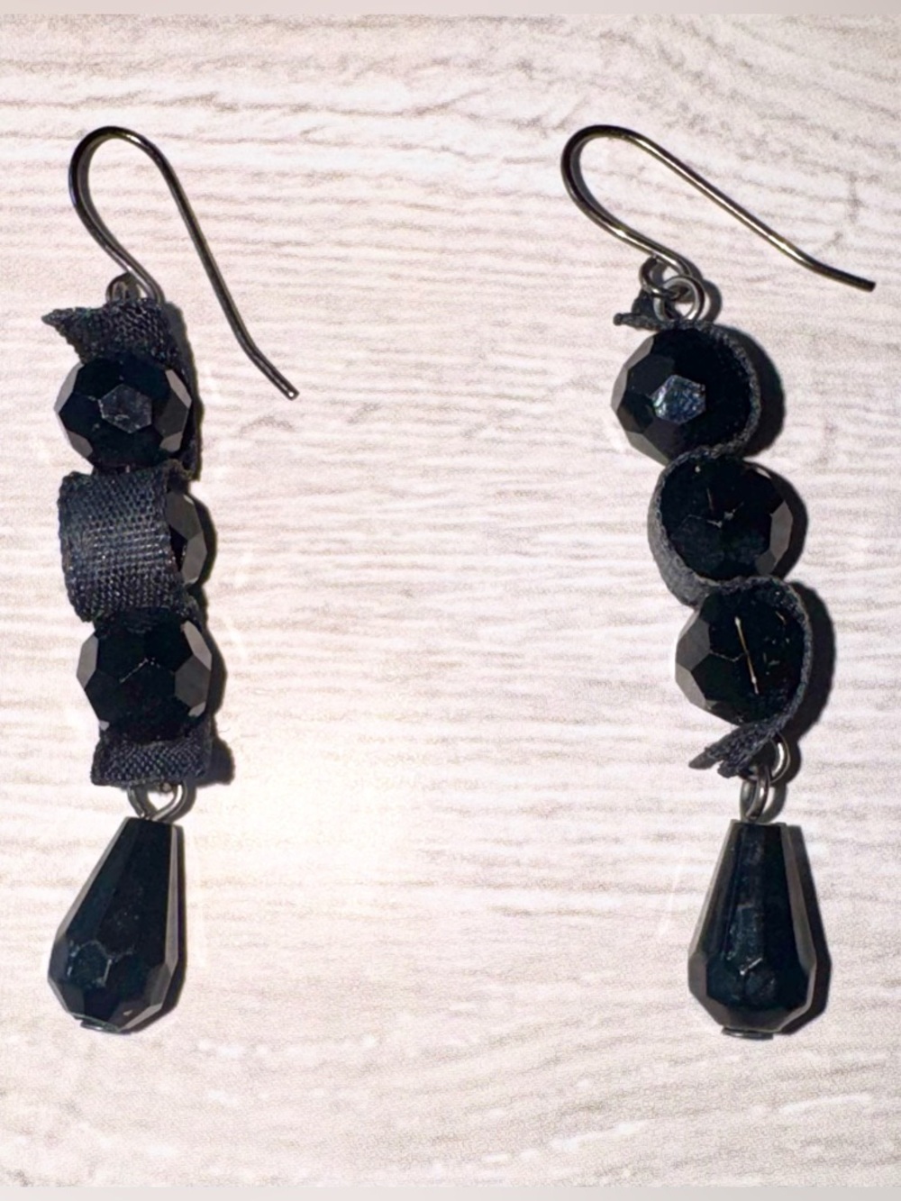 Black Beaded and Ribbon Drop Earrings